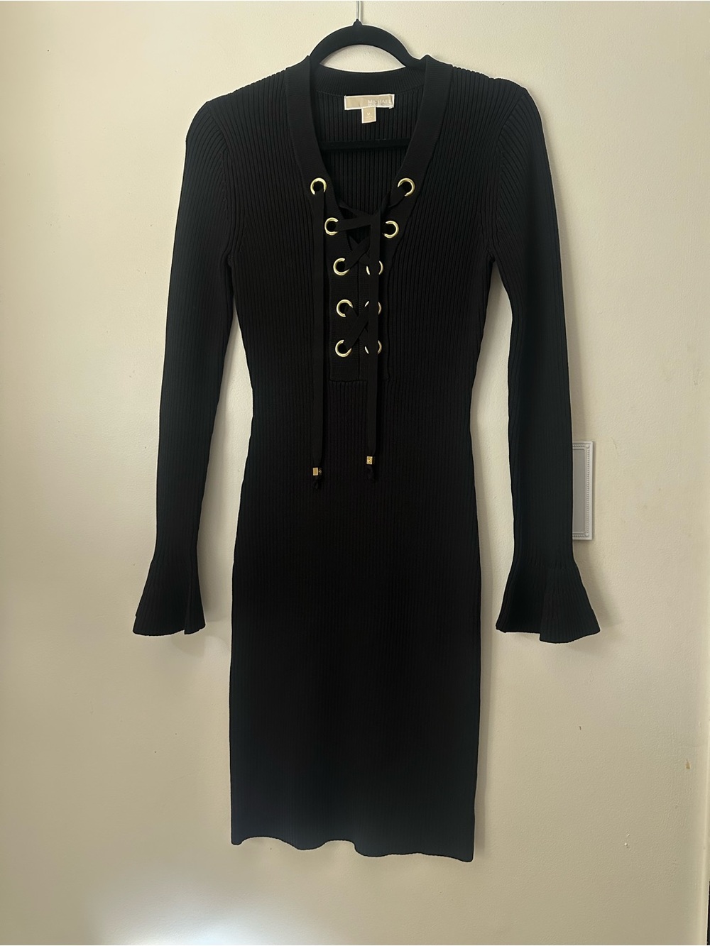 MICHAEL Michael Kors Black Ribbed Lace-Up V-Neck Long Sleeve Dress